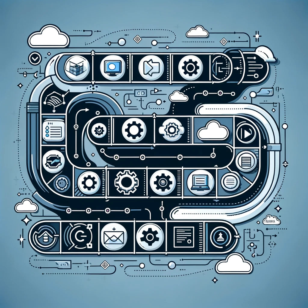 flow chart with various tech related symbols