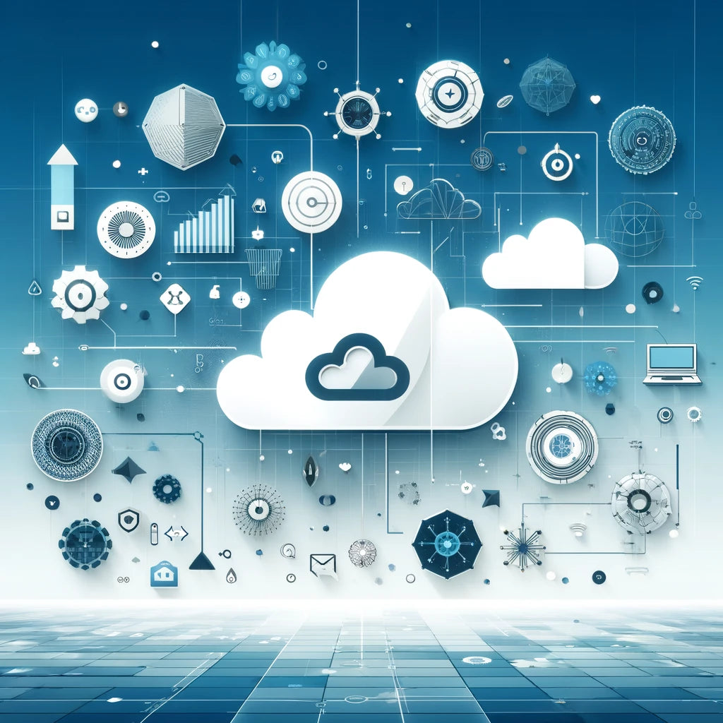 image of clouds with tech symbols surrounding on a blue background